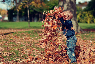 child playing in pile of leaves